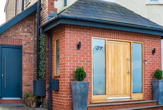 The front door of one our retrofitted homes which has had solar panels, air source heat pump, insulation and underfloor heating added