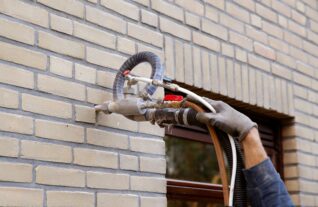 A worker pumping wall insulation into a wall