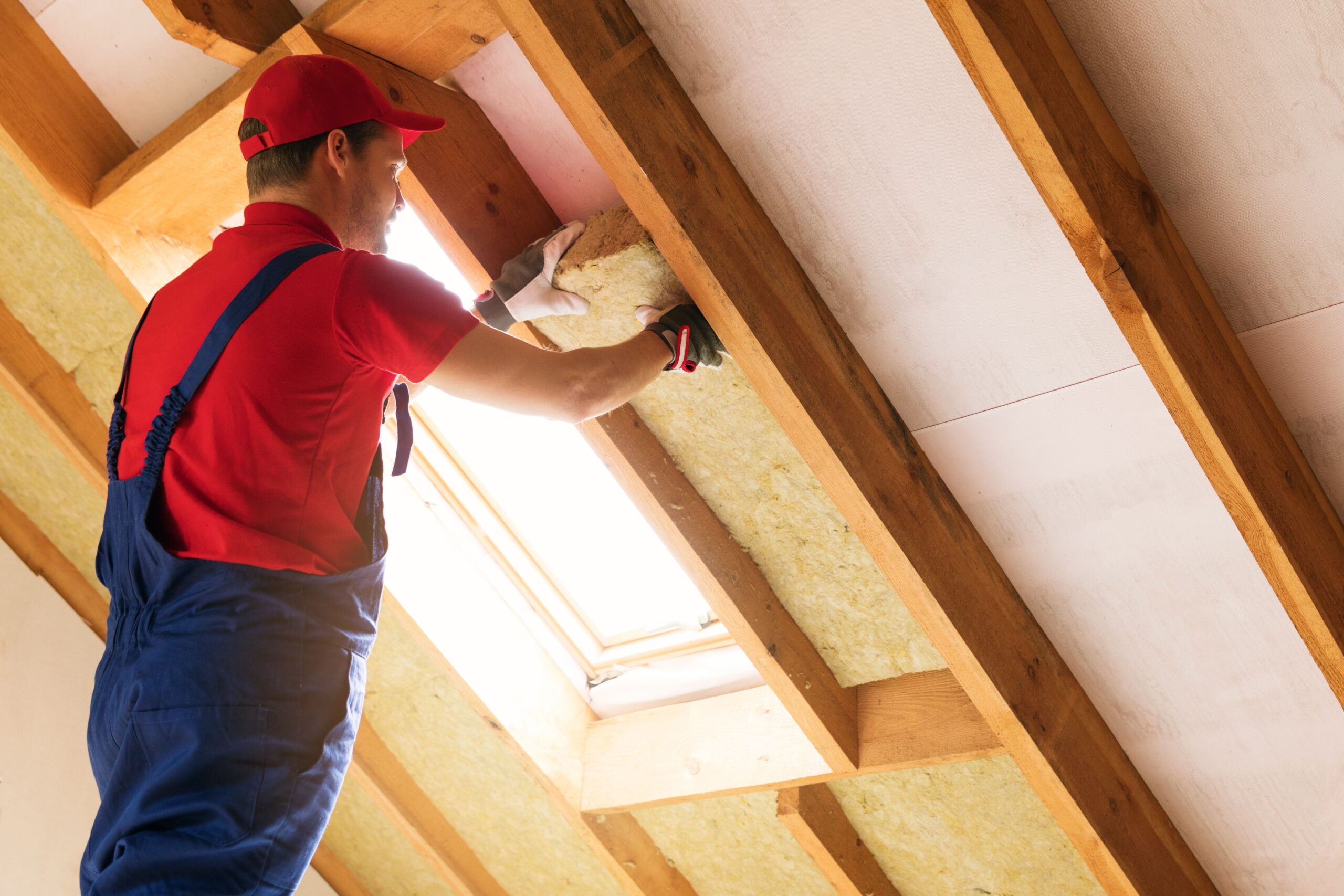 An imagine of a working man in a blue overalls rolling out loft insulation in a retrofitted home